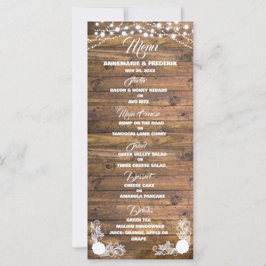 Menü "Wood Rustic Lace Wedding" (Vorderseite)