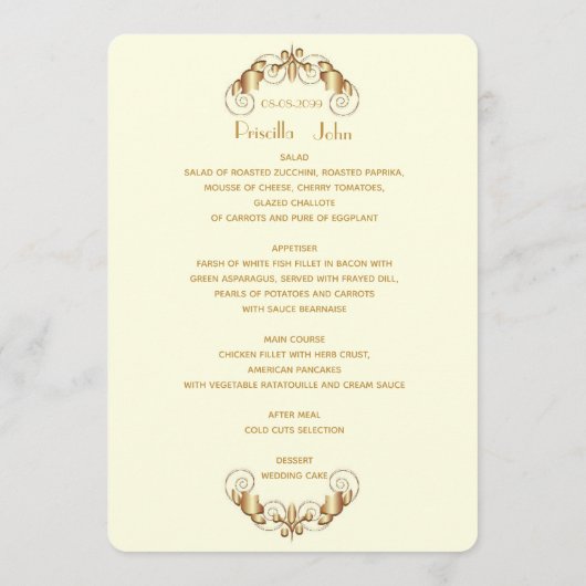 Menühochzeit, Menüsitzung, großes gatsby; Menükarte (Rückseite)