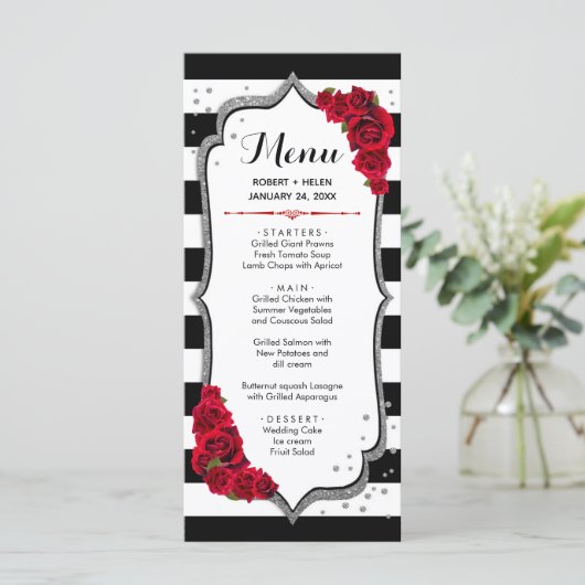 Menükarte - Schwarz-weiß Silber rot (Stehend Vorderseite)