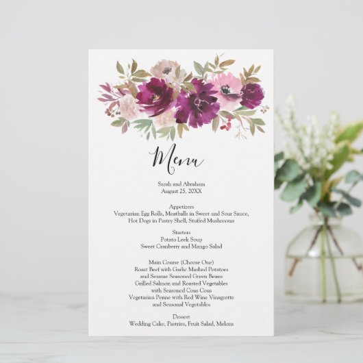 Menüs zum Hochzeitsmenü Menüs Wasserfarbe Lila Blü (Stehend Vorderseite)