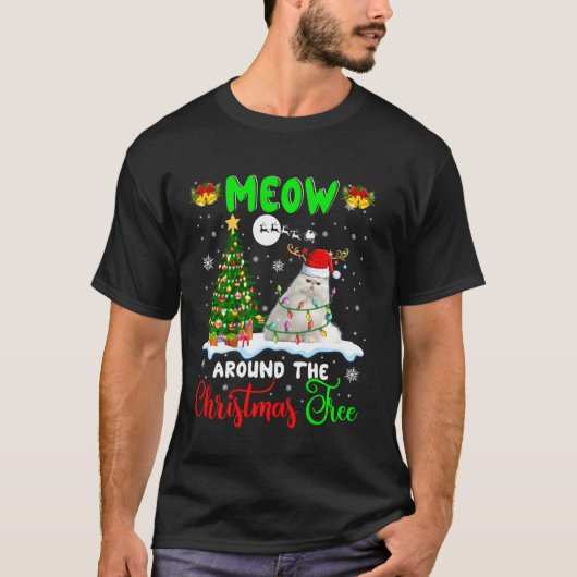 Meow Around Christmas Tree Cute Santa Reindeer Cat T-Shirt (Vorderseite)