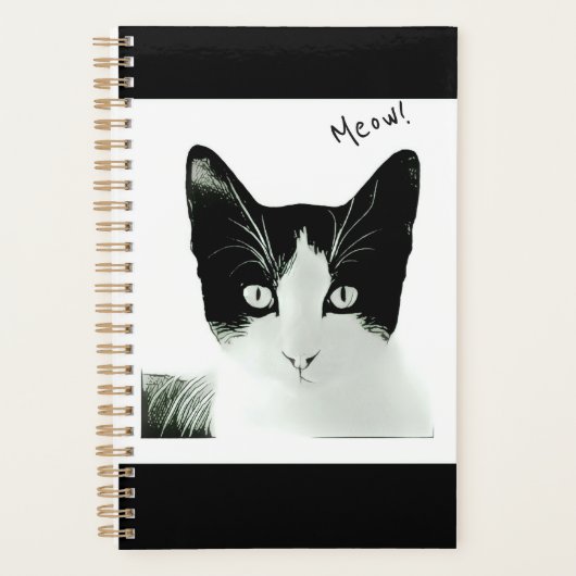 Meow Black and White Cat Kitten Sketch Planer (Vorderseite)