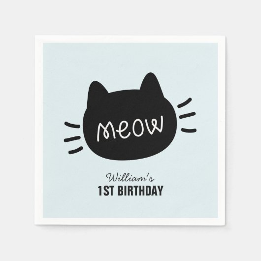 Meow Black Cat Face Blue Boy Geburtstag Serviette (Vorderseite)
