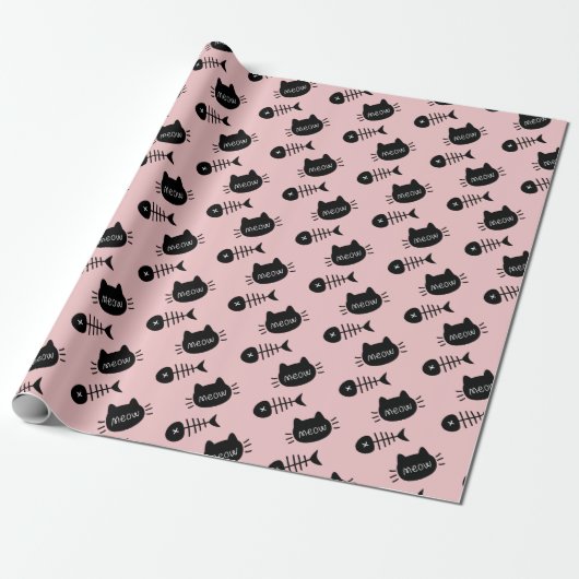 Meow Black Cat Face Fishbone Pattern Pink Geschenkpapier (Ungerollt)
