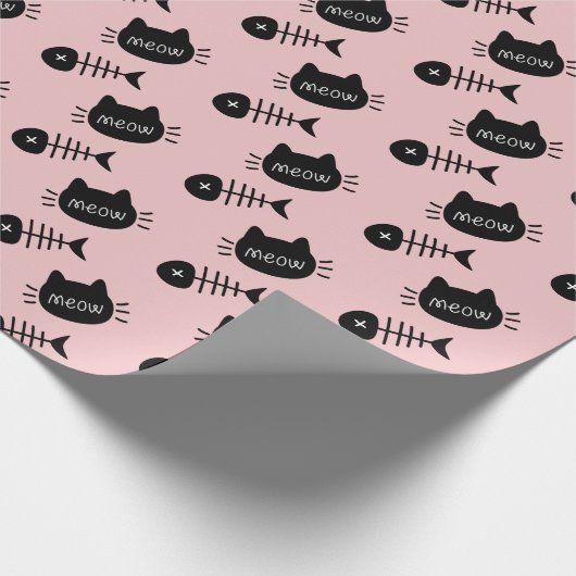 Meow Black Cat Face Fishbone Pattern Pink Geschenkpapier (Ecke)