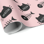 Meow Black Cat Face Fishbone Pattern Pink Geschenkpapier (Rolleneckpunkt)