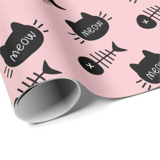 Meow Black Cat Face Fishbone Pattern Pink Geschenkpapier (Rolleneckpunkt)