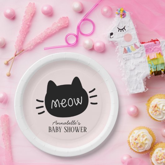 Meow Black Cat Face Pink Girl Baby Dusche Pappteller (Party)