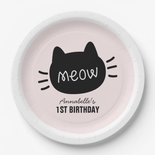 Meow Black Cat Face Pink Girl Geburtstag Pappteller (Vorderseite)