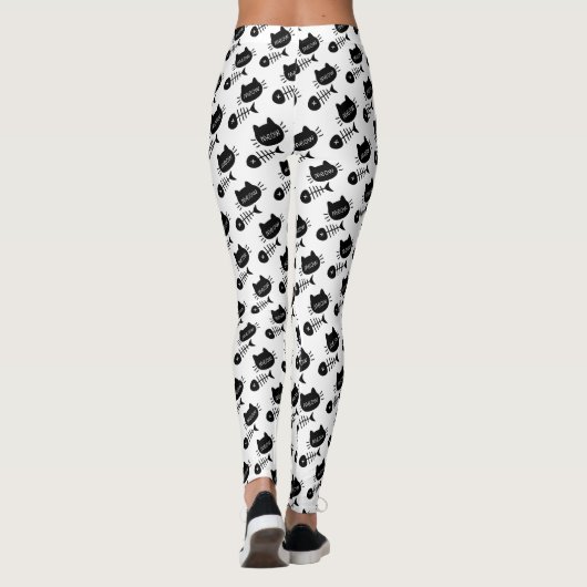 Meow Black Kitty Cat Fishbone-Muster Leggings (Rückseite)