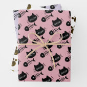 Meow Black Kitty Cat Fishbone Pattern Pink Geschenkpapier Set (Beispiel)