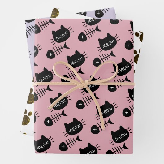 Meow Black Kitty Cat Fishbone Pattern Pink Geschenkpapier Set (Beispiel)