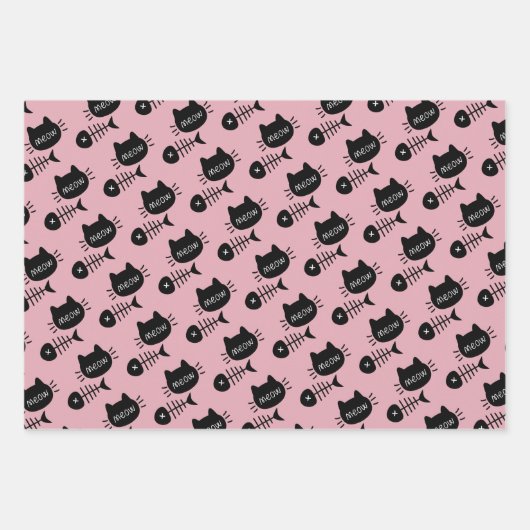 Meow Black Kitty Cat Fishbone Pattern Pink Geschenkpapier Set (Vorderseite)