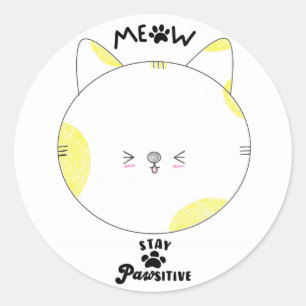 Meow Bleibe Positive Gepunktet-Gelbe Kawaii Katze Runder Aufkleber
