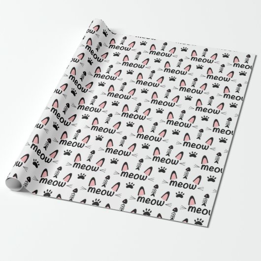 Meow Cat Ears und Pawprints Geschenkpapier (Ungerollt)