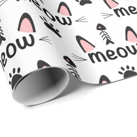 Meow Cat Ears und Pawprints Geschenkpapier (Rolleneckpunkt)