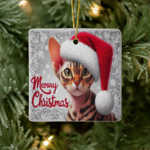 Meow Christmas Devon Rex Cat, Xmas Santa Cat Keramikornament