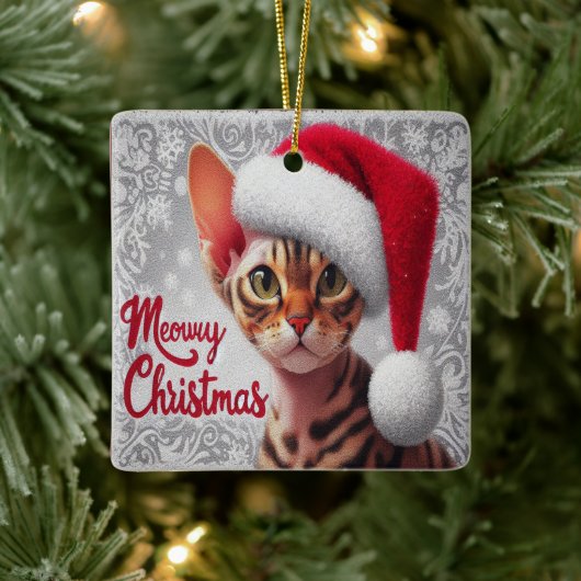 Meow Christmas Devon Rex Cat, Xmas Santa Cat Keramikornament (Baum)