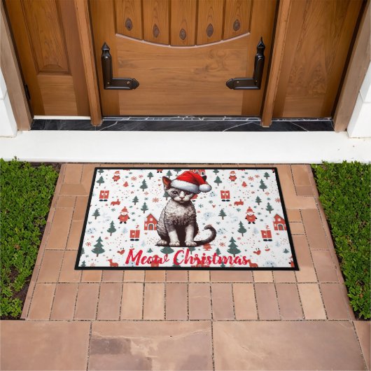 Meow Christmas Devon Rex Cat, Xmas Santa Kitten Fußmatte (Außenbereich)