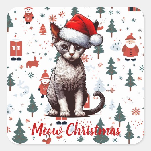 Meow Christmas Devon Rex Cat, Xmas Santa Kitten Quadratischer Aufkleber (Vorderseite)