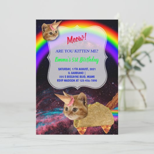 MEOW! Kitten Space Party Einladung (Stehend Vorderseite)