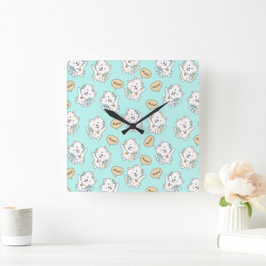Meow Kittens Pattern - Niedliche Cat Wall Clock Quadratische Wanduhr (Zuhause)