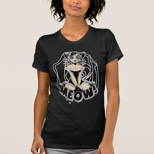 Meow-Mädchen-Miezekatze Schwarzweiss T-Shirt (Vorderseite)