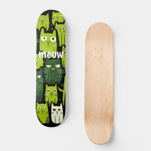 Meow Mania - Niedliche grüne Doodle Cat Lover Skateboard (Vorderseite)