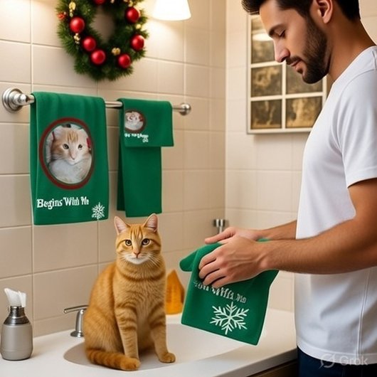 Meow Merry Christmas Photo Customize Bath Towel Se Badhandtuch Set