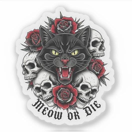 Meow oder Die - Gothic Cat mit Skullen und Rose Aufkleber (Vorderseite)