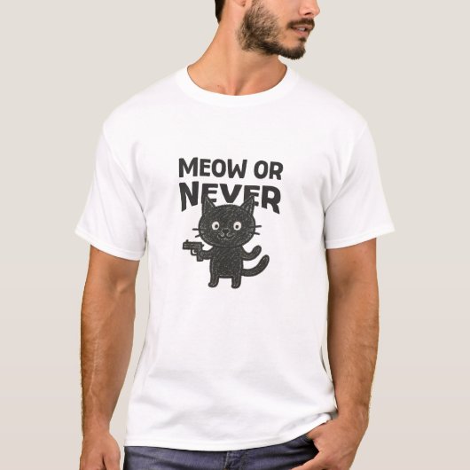 Meow or Never – Funny Black Cat T-Shirt (Vorderseite)