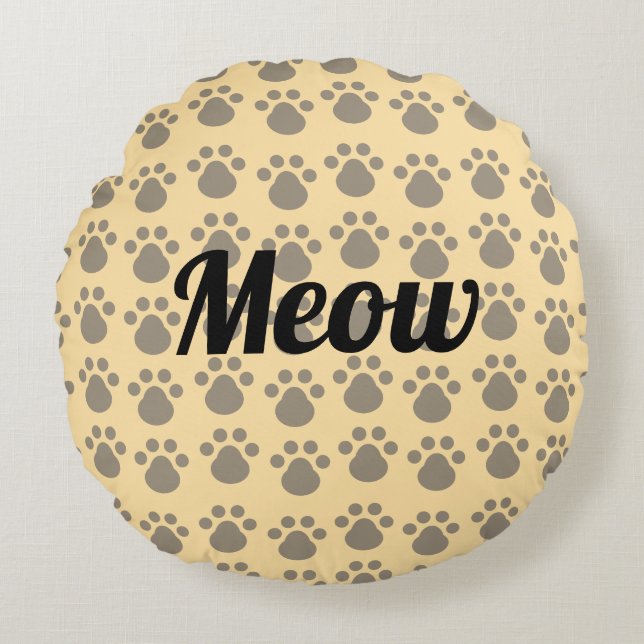 Meow, Paw Prints Rundes Kissen (Vorderseite)