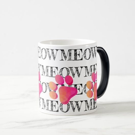 MEOW Typografie Pink Katzenpaw Print Pet Spaß Verwandlungstasse (VorderseiteRechts)