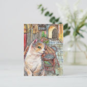 Meow vor Bistro Postkarte (Stehend Vorderseite)