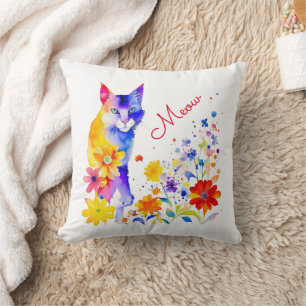 Meow   Wasserfarbkatze und Blume Kissen