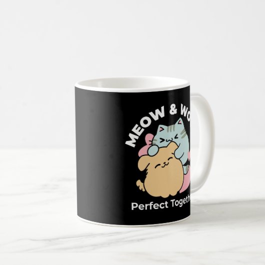 Meow & Woof perfekt zusammen - Niedliche Katze und Kaffeetasse (VorderseiteRechts)