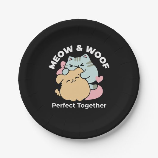 Meow & Woof perfekt zusammen - Niedliche Katze und Pappteller (Vorderseite)