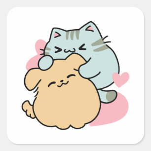 Meow & Woof perfekt zusammen - Niedliche Katze und Quadratischer Aufkleber