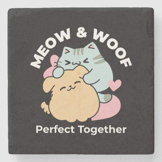 Meow & Woof perfekt zusammen - Niedliche Katze und Steinuntersetzer (Vorderseite)