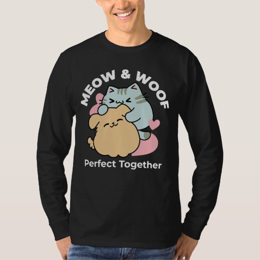 Meow & Woof perfekt zusammen - Niedliche Katze und T-Shirt (Vorderseite)