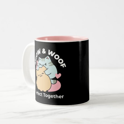 Meow & Woof perfekt zusammen - Niedliche Katze und Zweifarbige Tasse (Vorderseite Links)
