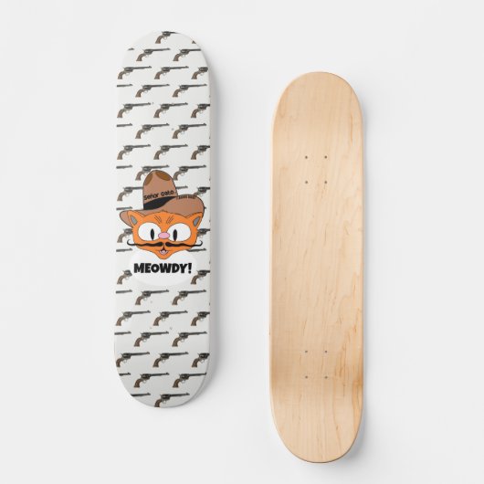 MEOWDY! Cartoon Mustache Cat Cowboy Gunslinger Skateboard (Vorderseite)