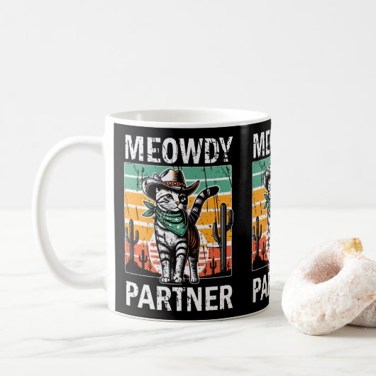 Meowdy Partner Cowboy Cat Eigentümer Katzenkatzen Kaffeetasse (Mit Donut)
