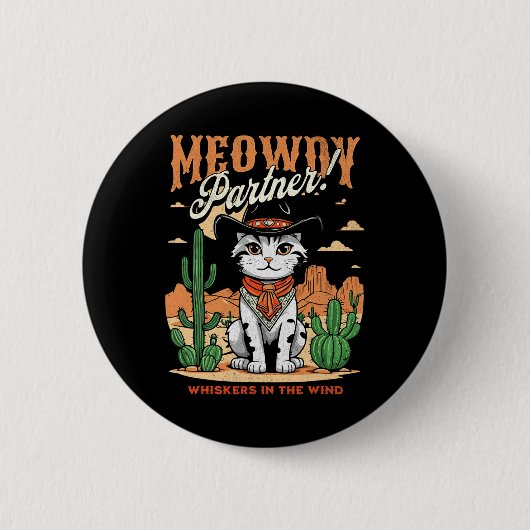 Meowdy Partner Cowboy Cat Vintager Cartoon Funny Button (Vorderseite)