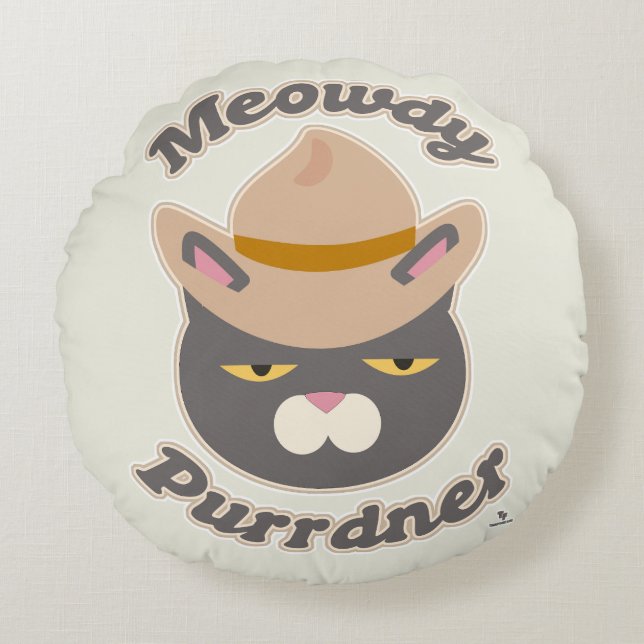 Meowdy Purrdner Fun Cowboy Cat Toon Art Rundes Kissen (Vorderseite)