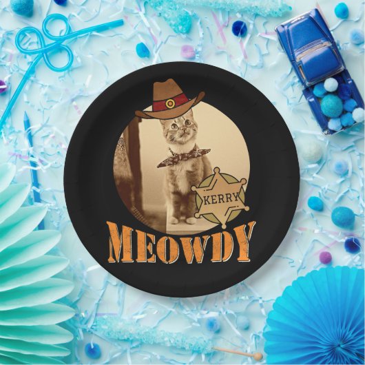 Meowdy Texan Cat Cowboy Sheriff Personalisiert Pappteller (Party)