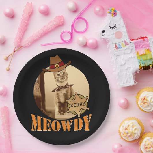 Meowdy Texan Cat Cowboy Sheriff Personalisiert Pappteller (Party)