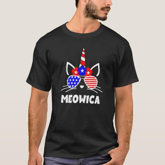 Meowica 4. Juli Unicorn Cat Us Flag Sonnenbrille T-Shirt (Vorderseite)