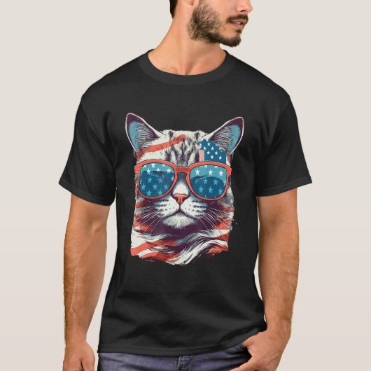 Meowica American Flag Sunglasses Patriotic Cat 4th T-Shirt (Vorderseite)