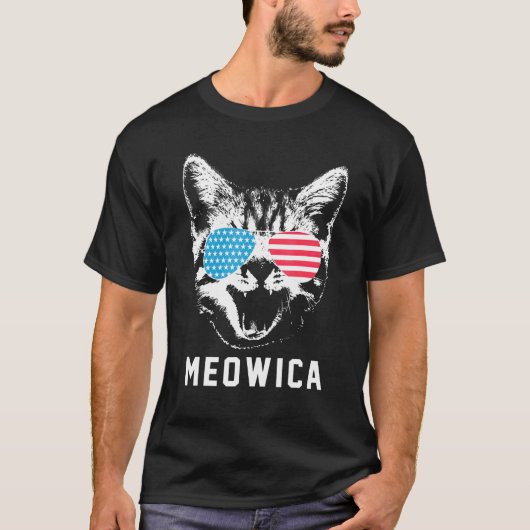 Meowica Cat Animals Sunglasses American Flag 4th O T-Shirt (Vorderseite)